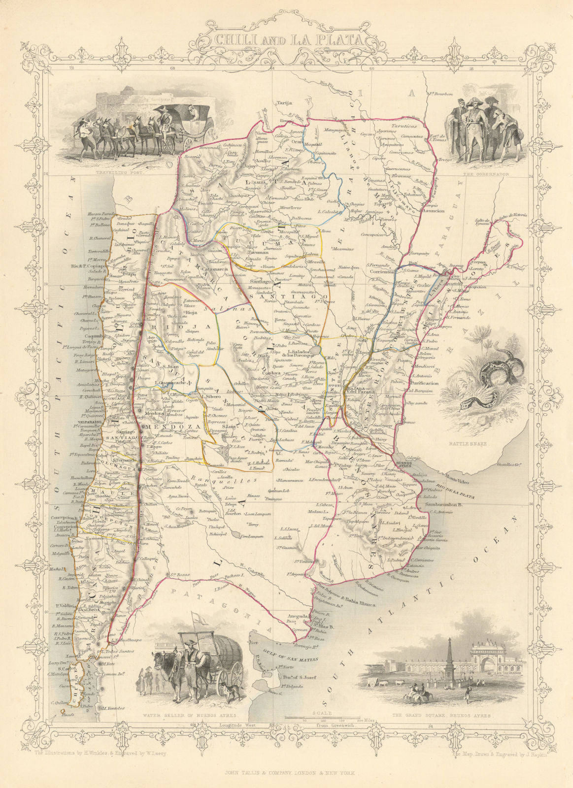 CHILI AND LA PLATA'. Central Chile & Argentina. TALLIS/RAPKIN 1851 old map